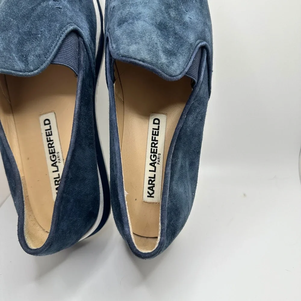 Karl Lagerfeld Navy Blue Suede Platform Slip On Sneakers Shoes Womens 6 M